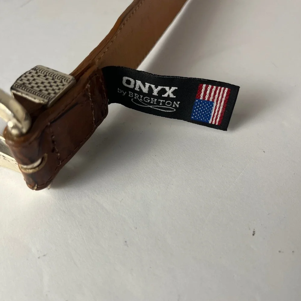 Onyx by Brighton Mens Brown Croc Embossed Leather Belt Silver Hardware Size 38